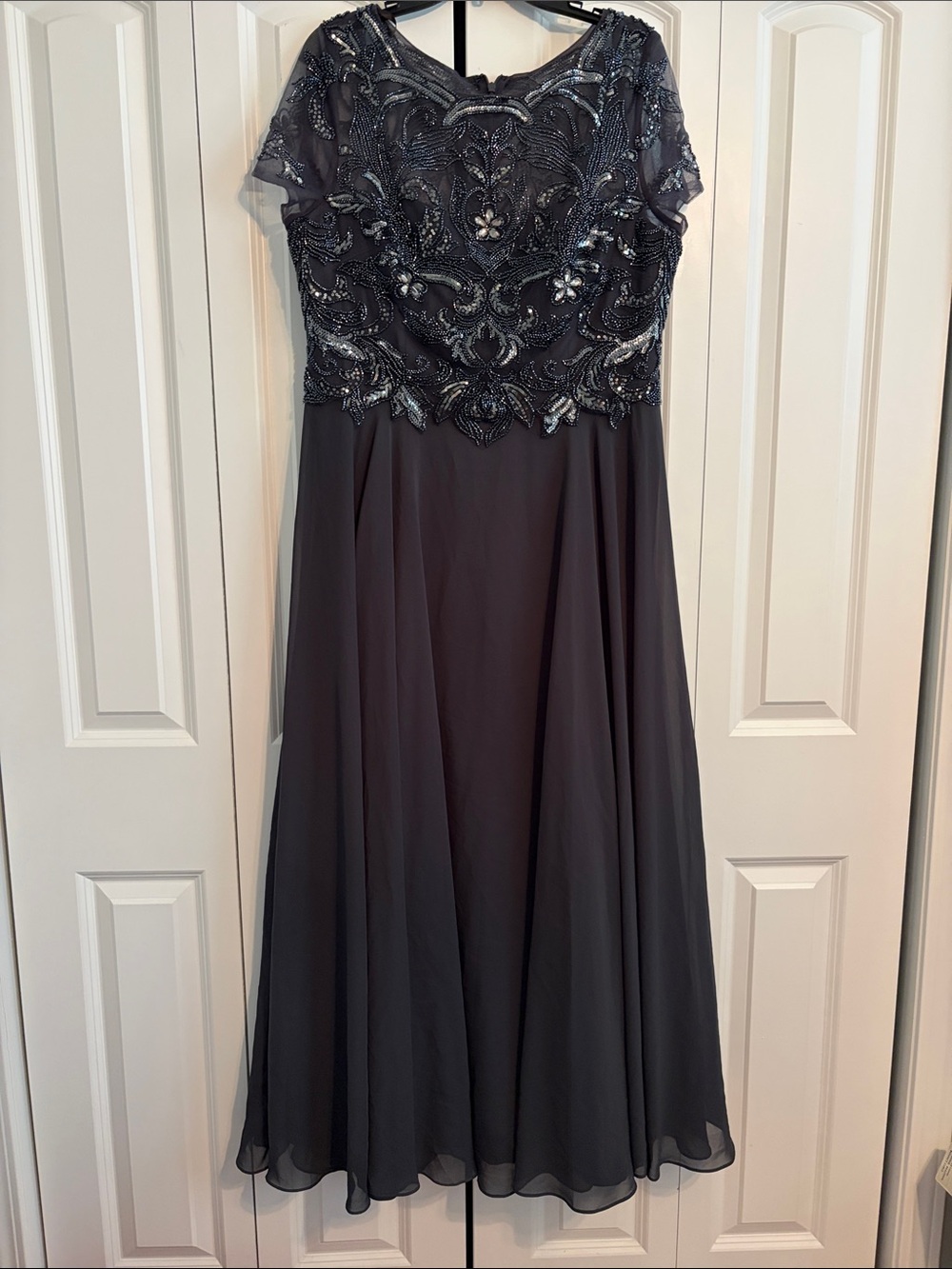 Xscape Embellished Beaded Chiffon Midi Dress in Charcoal Gray
